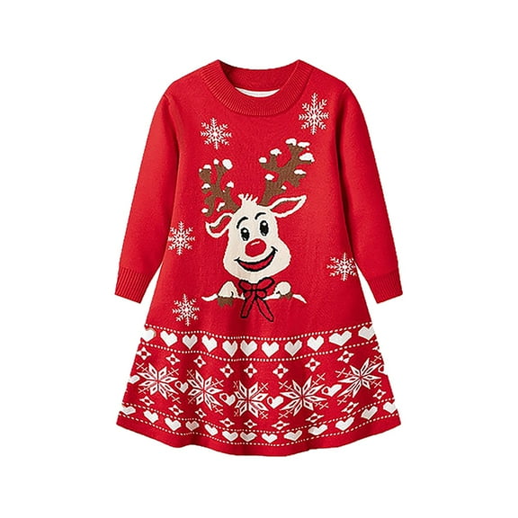 Otqutp Girls Christmas Reindeer Sweater Dress Fall Winter Knitted Holiday Pullover Dress Kids Long Sleeve Crewneck Xmas Outfit