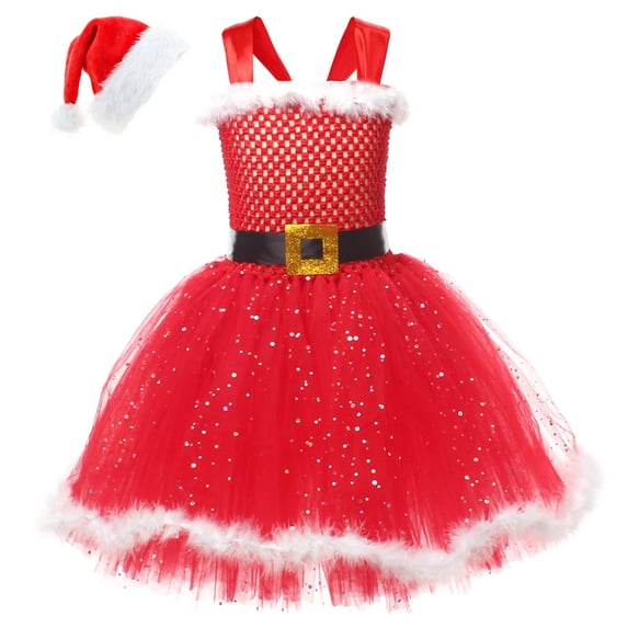 Otqutp Girls Christmas Santa Tutu Dresses Toddler Girls Christmas Dresses Santa Claus Red Princess Tutu Dress Sleeveless Dress with Headband(Red,6-7 Years)