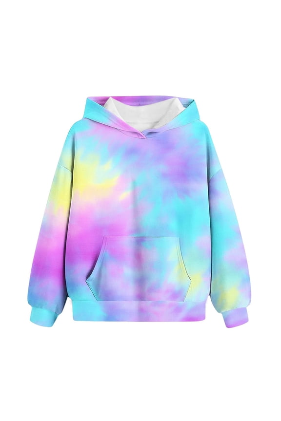 Girls Cloud Tie-Dye Hoodies Loose fit Fleece Hooded Sweatshirt Oversized Long Sleeve Drop Shoulder Pocketed Pullover Top