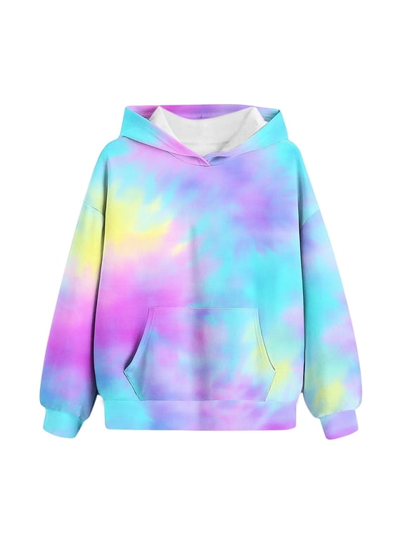 Girls Cloud Tie-Dye Hoodies Loose fit Fleece Hooded Sweatshirt Oversized Long Sleeve Drop Shoulder Pocketed Pullover Top