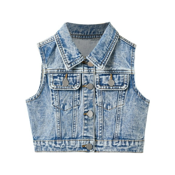 Otqutp Girls Denim Vest Button Down Sleeveless Jean Jacket Outerwear with Pockets Vintage Retro Lapel Cowboy Clothes