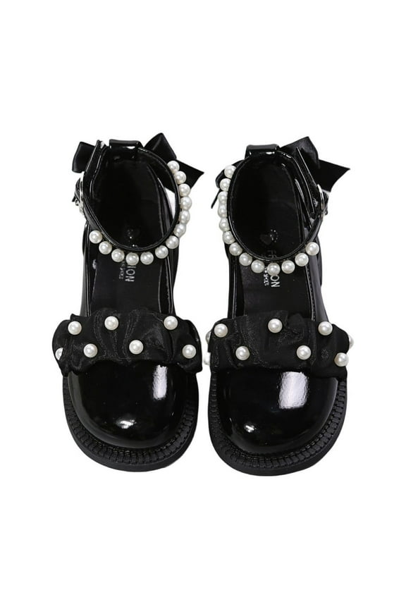 Girls Dress Shoes Toddler Girls Heels Low Wedge Pumps with Pearls Rhinestone for Flower Girl Princess Wedding Party