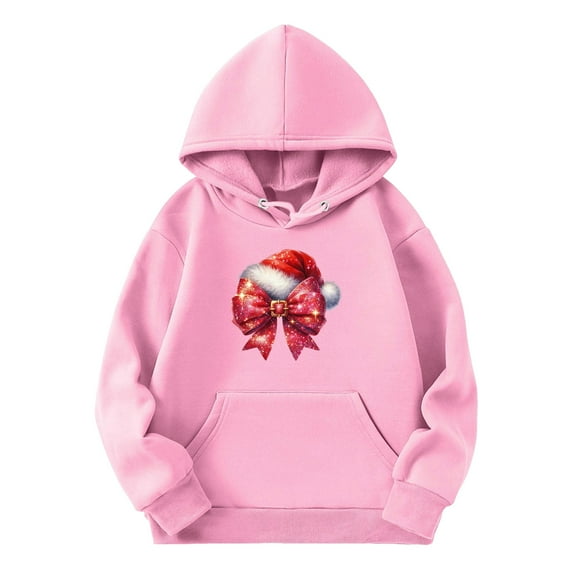 Otqutp Girls' Fall and Winter Bow Christmas Hat Printed Sweatshirt Toddler Girls Hoodies Sweatshirt Kids Casual Pullover Sweater Long Sleeve Shirts Winter Outwear(Pink,6-7 Years)