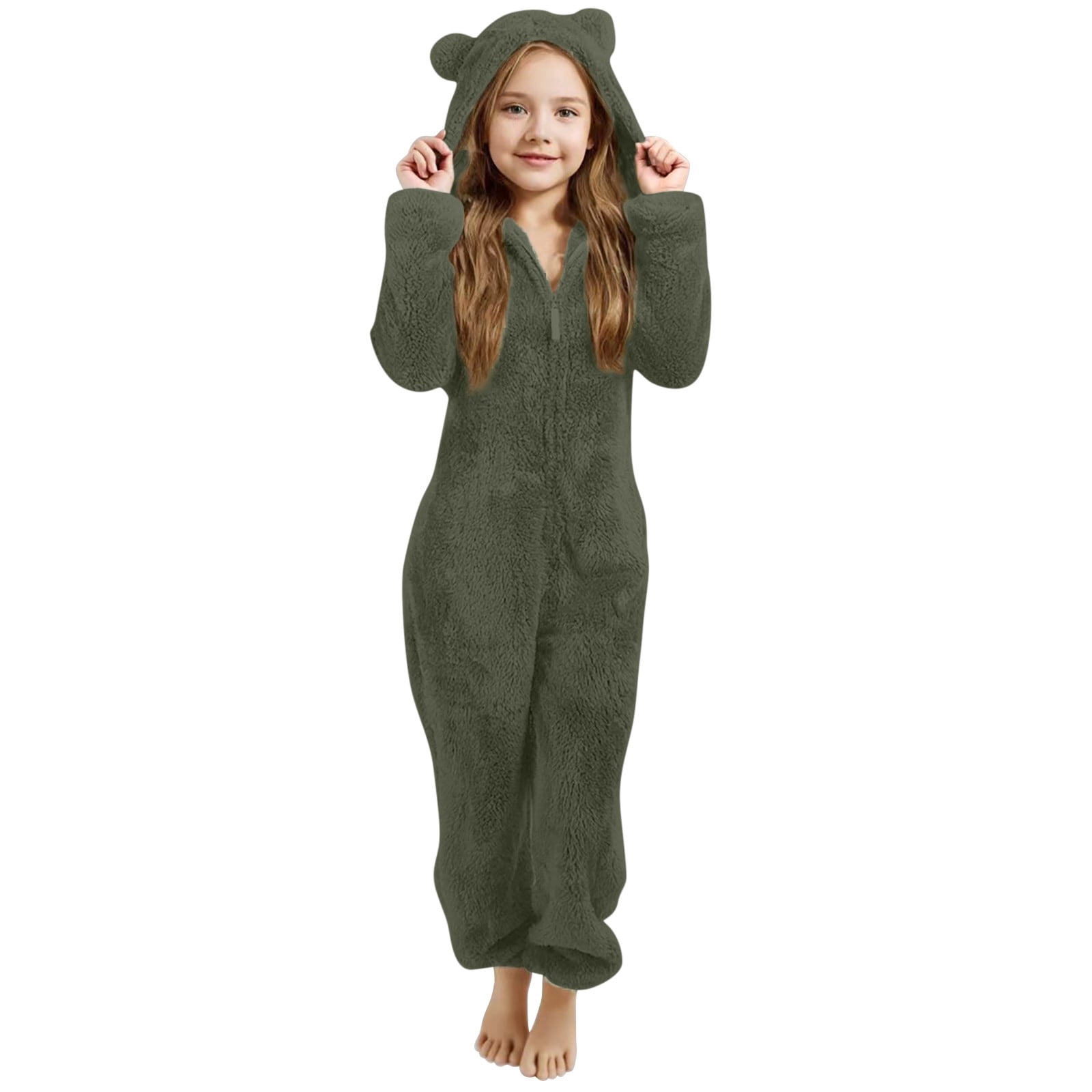 Otqutp Girls Fleece Onesie Fleece Warm Sherpa Bed Jumpsuit Kids Cute Plain Zip up Long Sleeve Soft Hooded Romper for Winter