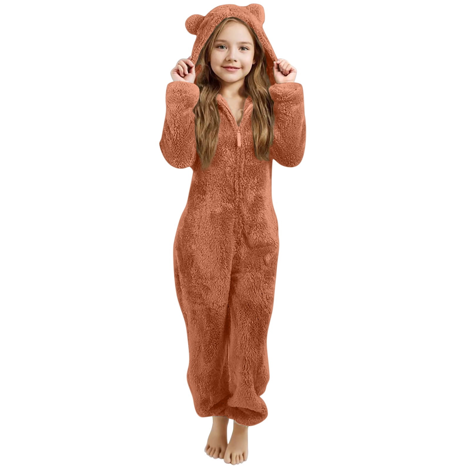 Otqutp Girls Fleece Onesie Fleece Warm Sherpa Bed Jumpsuit Kids Cute Plain Zip up Long Sleeve Soft Hooded Romper for Winter