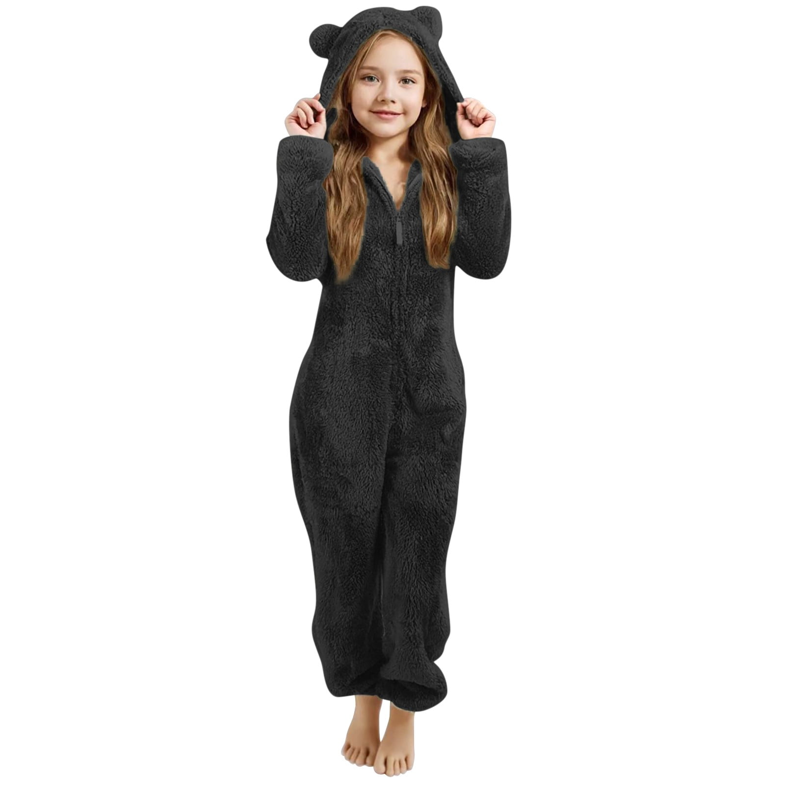 Otqutp Girls Fleece Onesie Fleece Warm Sherpa Bed Jumpsuit Kids Cute Plain Zip up Long Sleeve Soft Hooded Romper for Winter
