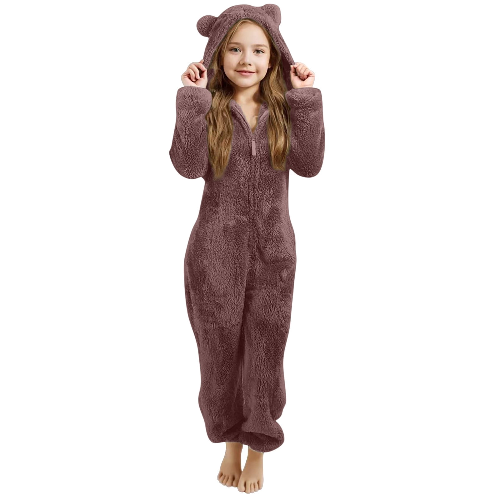 Otqutp Girls Fleece Onesie Fleece Warm Sherpa Bed Jumpsuit Kids Cute Plain Zip up Long Sleeve Soft Hooded Romper for Winter