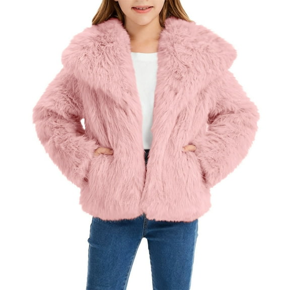 Otqutp Girls Fuzzy Coats Winter Padded Warm Faux-F𝐮r Collar Jackets Kids Plain Open Front Sherpa Fleece Long Sleeve Coats