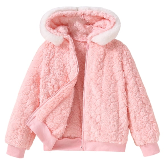 Otqutp Girls Fuzzy Fleece Jacket Kids Zip Up Hoodie Lightweight Fall Winter Jackets Outerwear with Pockets Plush Sweatshirt