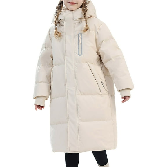 Otqutp Girls Heavyweight Long Puffer Jacket Kids Windproof Warm Solid Cozy Quilted Padded Down Coat with Pockets Hooded Outwear