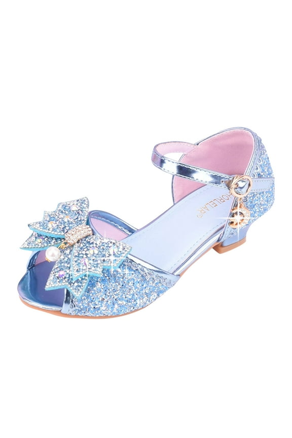 Girls Kids Sequins Dress Dance Sneakers Open Toe Ankle with Strap Low Heel Wedding Shoes Fancy Bow Glitter