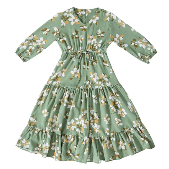 Otqutp Girls Long Sleeve 𝗙loral Layer Dress 𝗦mocked Waist Full Length Holiday Vacation Swing Dresses Casual Holiday Clothes