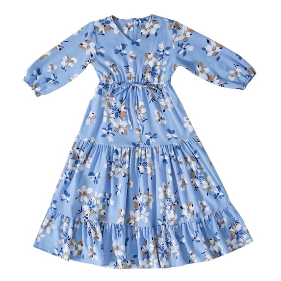 Otqutp Girls Long Sleeve 𝗙loral Layer Dress 𝗦mocked Waist Full Length Holiday Vacation Swing Dresses Casual Holiday Clothes