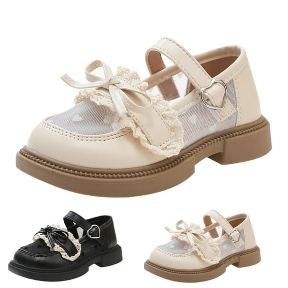 Otqutp Girls Mary Jane Shoes Mesh Lace Trim Bow Heart Buckle Kids Flats Non Slip Round Toe School Uniform Party Shoe