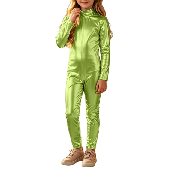 Otqutp Girls Mock Neck Zipper Jumpsuit Shiny Metallic Long Sleeve One Piece Bodysuit Fall Halloween Holiday Party Dress Up Clothing