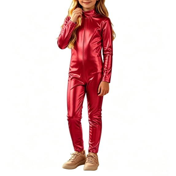 Otqutp Girls Mock Neck Zipper Jumpsuit Shiny Metallic Long Sleeve One Piece Bodysuit Fall Halloween Holiday Party Dress Up Clothing