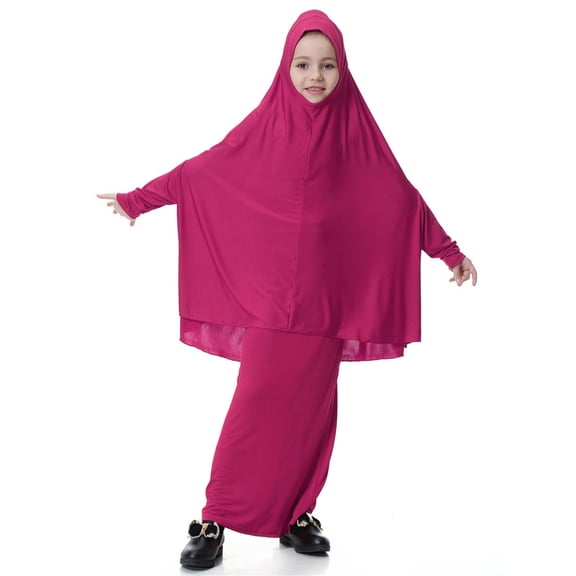 Otqutp Girls Muslim Abaya Prayer Dress with Hijab 2pcs Solid Color 𝗜slamic Middle Eas𝘁 Arab 𝗗ubai Dress Ramadan Eid Clothes