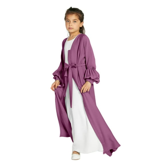 Otqutp Girls Muslim Chiffon Abaya Dress Kids Open Front Cardigan Solid Color 𝗜slamic Prayer Outfits Dubai Eid Ramadan Clothes
