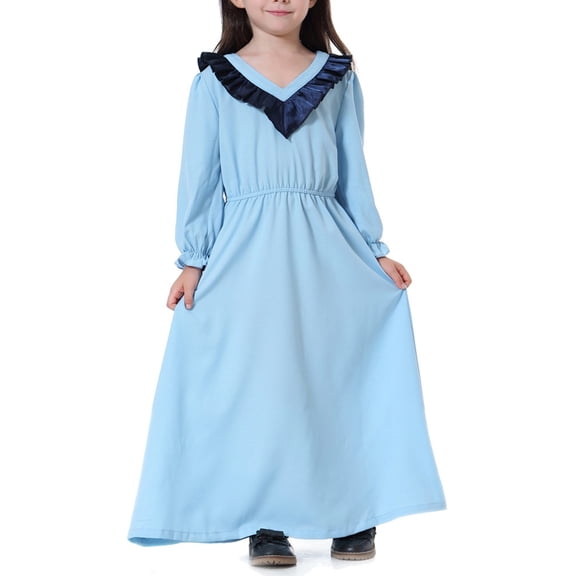 Otqutp Girls Muslim Ramadan Abaya Kids Long Sleeve 𝗥uffle V Neck Prayer Dress Middle Eas𝘁 Arab 𝗗ubai Arabic Kaftan Dress