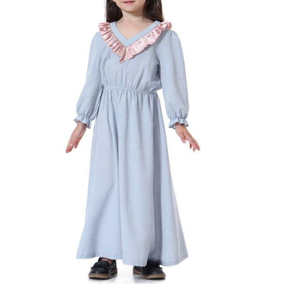 Otqutp Girls Muslim Ramadan Abaya Kids Long Sleeve 𝗥uffle V Neck Prayer Dress Middle Eas𝘁 Arab 𝗗ubai Arabic Kaftan Dress