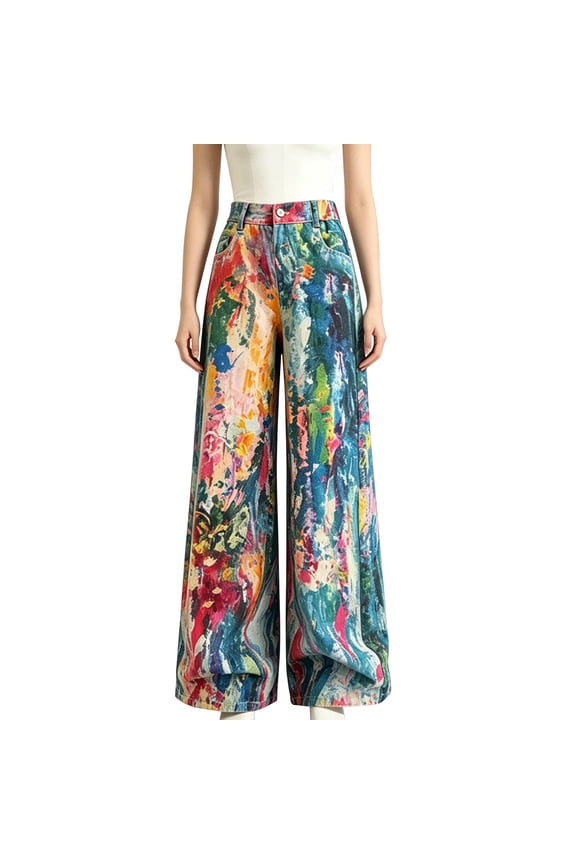 Girls Oil Painting Print Wide Leg Jeans Kids Tie Dye Baggy Y2k Elastic Wasit Denim Pants Hip Hop Streetwear School Clothing