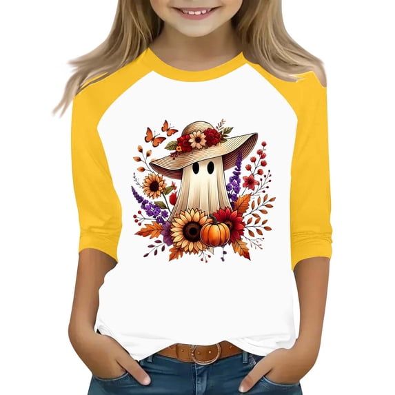 Otqutp Girls Pumpkin Shirt 3/4 Length Sleeve T-Shirts Halloween Shirts for Kids Flower Ghosts Prints Spooky Horror Party Parade Tops