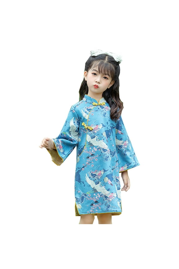 Girls Qipao Long Sleeve Dress Chinese New Year Clothing Traditional Ethnic Style Performance Clothes for Kids Toddler