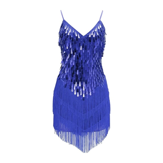 Otqutp Girls Sequin Tassel Dress Fringe Latin Dance Ballet Dancewear Sparkly Shinny Spaghetti Strap V Neck Dresses