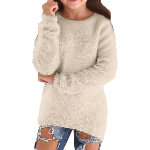 Otqutp Girls Solid Color Oversized Pullover Warm Soft Plush Fuzzy Sweatshirt Teen Kids Round Collar Spring Fall Outfits