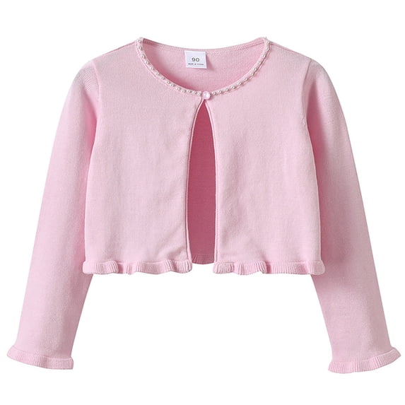 Otqutp Girls Spring and Fall Round Neck Wooden Ear Edge Pearl Knitted Cardigan Girls Open Front Sweaters Kids Fall Fashion Side Slit Outerwear(Pink,11-12 Years)