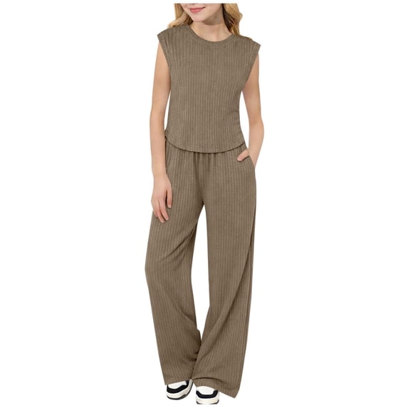 Otqutp Girls Summer 2 Piece Outfits Cap Sleeve Shirts Wide Leg Pants Sets Kids Ribbed Knit Matching Set Travel Vacation Clothes 2026