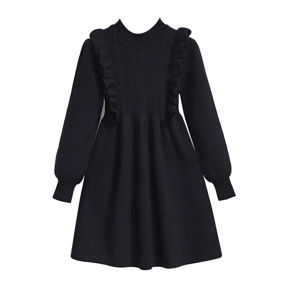 Otqutp Girls Sweater Dress Fall Winter Long Sleeve Cable Knit Pullover Clothes for Kids 𝗥uffle Collar Knee Length Midi Dresses