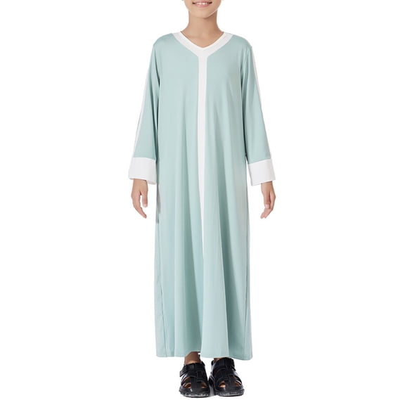 Otqutp Girls V Neck Muslim Dress Abaya Long Sleeve Color Blocking Eid Robe for Kids Prayer Clothes Soft 𝗜slamic Ramadan Thobe