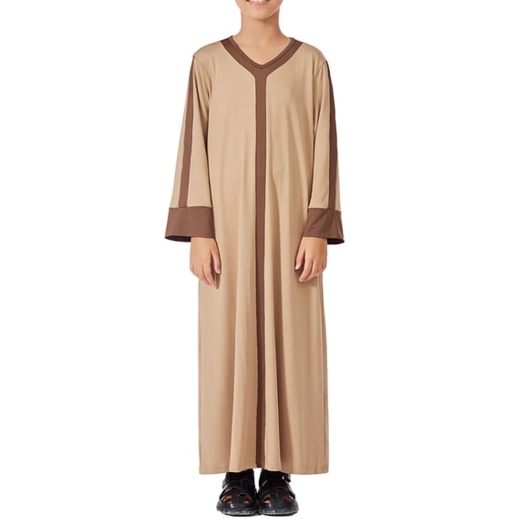 Otqutp Girls V Neck Muslim Dress Abaya Long Sleeve Color Blocking Eid Robe for Kids Prayer Clothes Soft 𝗜slamic Ramadan Thobe