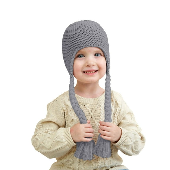 Otqutp Girls Wool Knitted Cap Solid Color Knitting Baby Wool Ball Cap Braid Ear Protection Plus Winter Warm Children's Cold Weather Hat (Grey,0-5 Years)