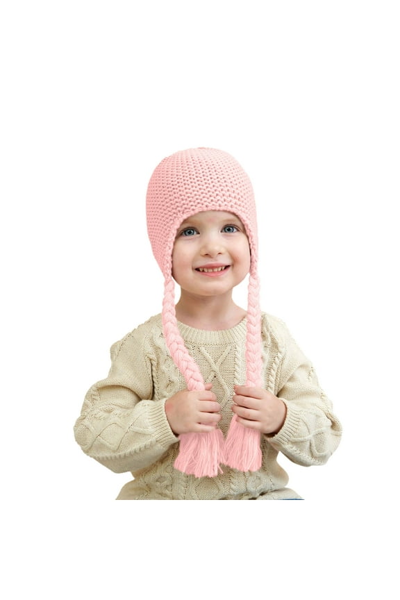 Girls Wool Knitted Cap Solid Color Knitting Baby Wool Ball Cap Braid Ear Protection Plus Winter Warm Children's Cold Weather Hat (Pink,0-5 Years)