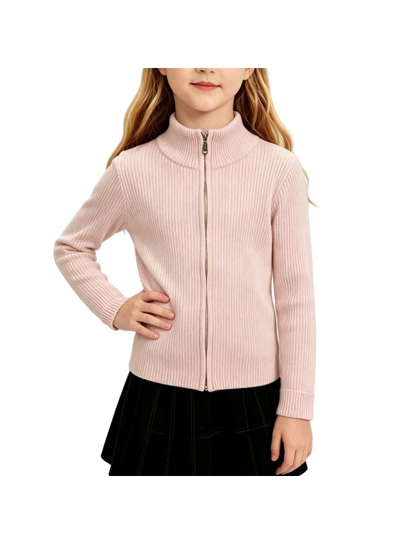 Girls Zip Up Knit Cardigan Kids Turtleneck Long Sleeve Sweater Jacket Slim Fit Warm Ribbed Knit Top Fall Winter Daily Wear 