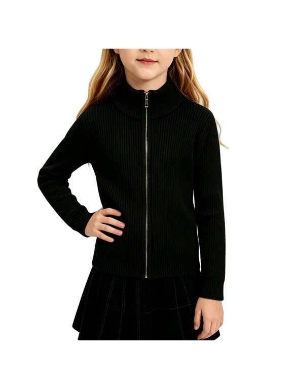 Girls Zip Up Knit Cardigan Kids Turtleneck Long Sleeve Sweater Jacket Slim Fit Warm Ribbed Knit Top Fall Winter Daily Wear 