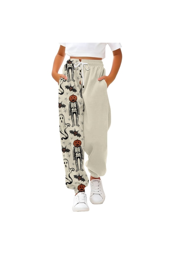 Halloween Sweatpants for Teen Girls Pumpkin Graphic Baggy Wide Leg Pants Elastic Waist Joggers Cotton Long Trousers