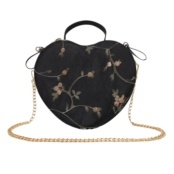 Otqutp Heart Shaped Crossbody Bag Floral Embroidered Mini Purse Fashion Lace Single Shoulder Handbag with Gold Chain Strap for Women