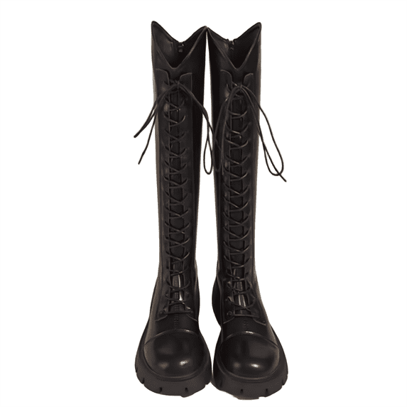 Otqutp High Long Tube Boots for Girls Elastic Non-Slip Drawstring Flat Boots Teens Thick Sole Height Increasing Boots