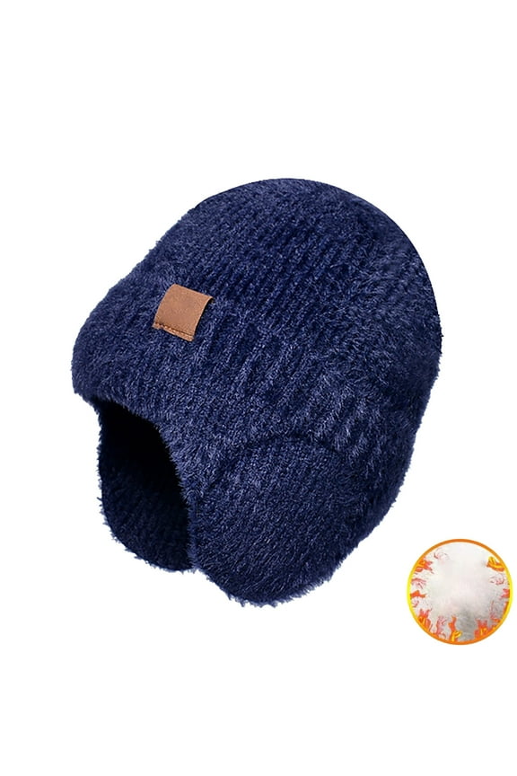 Hiking Sun Visors for Kids Winter Warm Hat Children's Plush Knitted Wool Hat Cold Proof Ear Cover Head Cap Outdoor Ear Warmer (Navy,One Size)