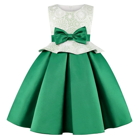 Otqutp Holiday Dresses for Flower Girls Child Girls Sleeveless Pageant Dress Birthday Party Kids Floral Prints Bowknot Gown Dress A Line Little Girls Dress(Green,4-5 Years)