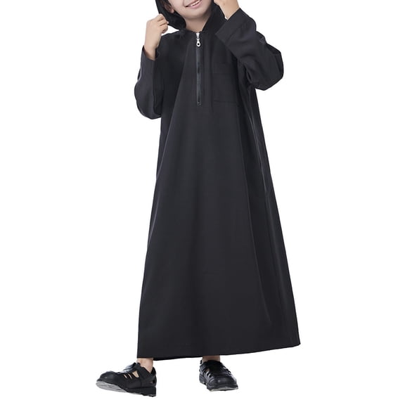 Otqutp Hooded Thobe for Boys, Long Sleeve Ramadan Muslim Outfits Half Zip Kaftan Robe with Pocket Kids Solid Arabic Clothes