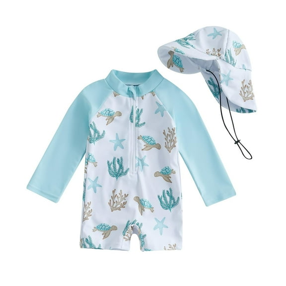Otqutp Infant Boys Long Sleeve Swimming with Adjustable Strap Sun Hat One Piece Rash Guard Dinosaur Animals Print Toddler Quick-dry Swimsuit Zipper Beach Swimwear