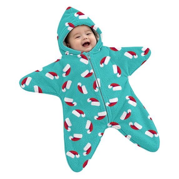 Otqutp Infant Flannel Hooded Romper Cute Print Star Shape Zip Up Crawling Suit Newborn Christmas Clothes Fall Winter Warm Outfits