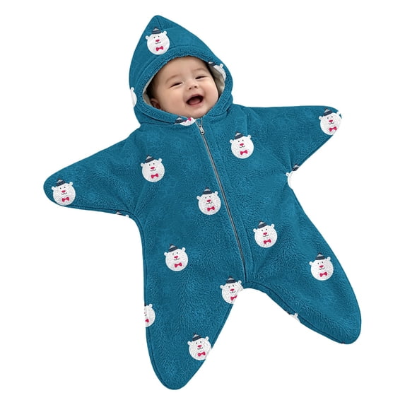 Otqutp Infant Flannel Hooded Romper Cute Print Star Shape Zip Up Crawling Suit Newborn Christmas Clothes Fall Winter Warm Outfits