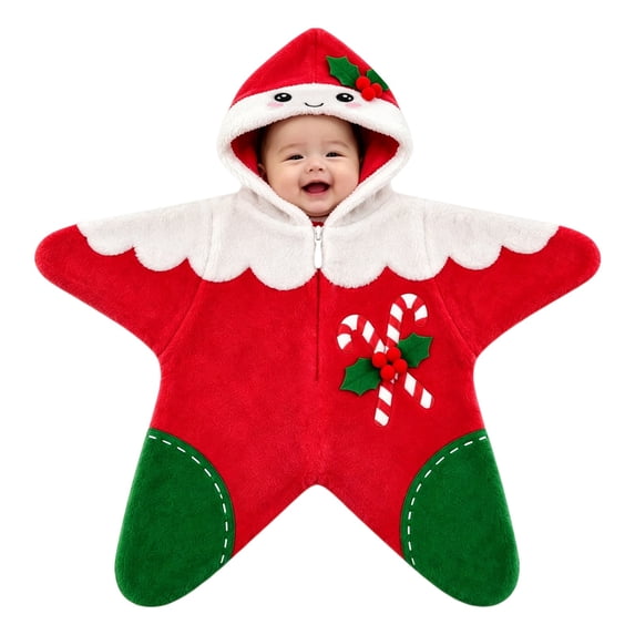 Otqutp Infant Xmas Starfish Flannel Crawling Suit Full Zip Hooded Newborn Romper Baby Plush Long Sleeve Bodysuit Warm Winter Outfit