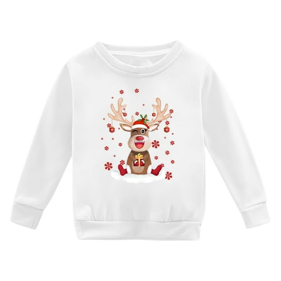 Otqutp Kid Girls Merry Christmas Long Sleeve Sweatshirt Embroidered Xmas Round Neck Shirts Xmas Pullover Holidays Tops Clothes(White,5-6 Years)