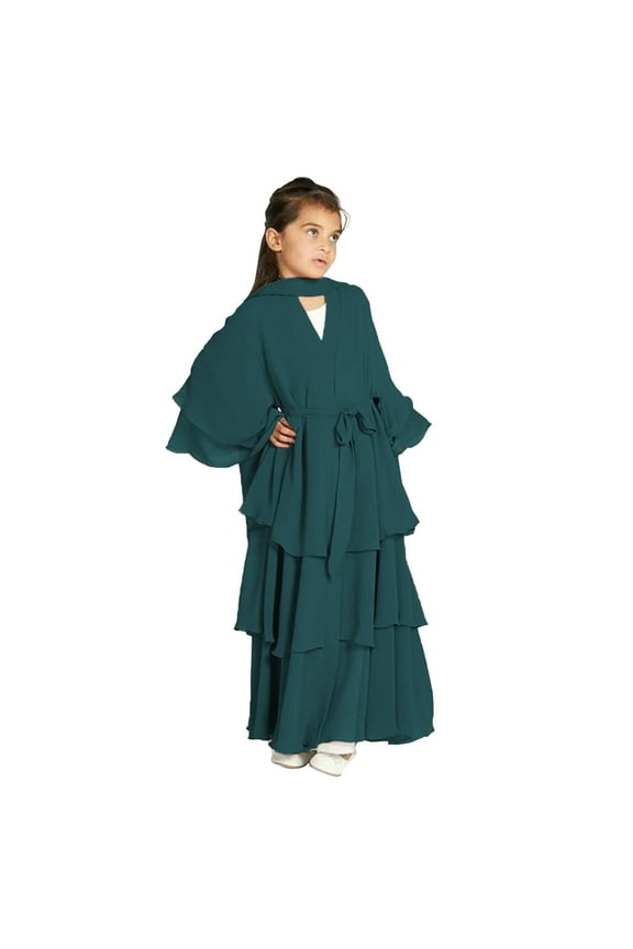 Kids Abayas Dress for Girls Dress with Hijab Chiffon Layered Islam Kaftan Robe Open Front Cardigan Prayer Dress for Kids 5-14Years(Green,13-14 Years)